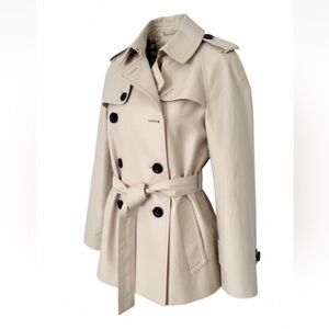 COACH Solid Short Trench Coat Small Double Breast Belted Adjustable Cuff Lined